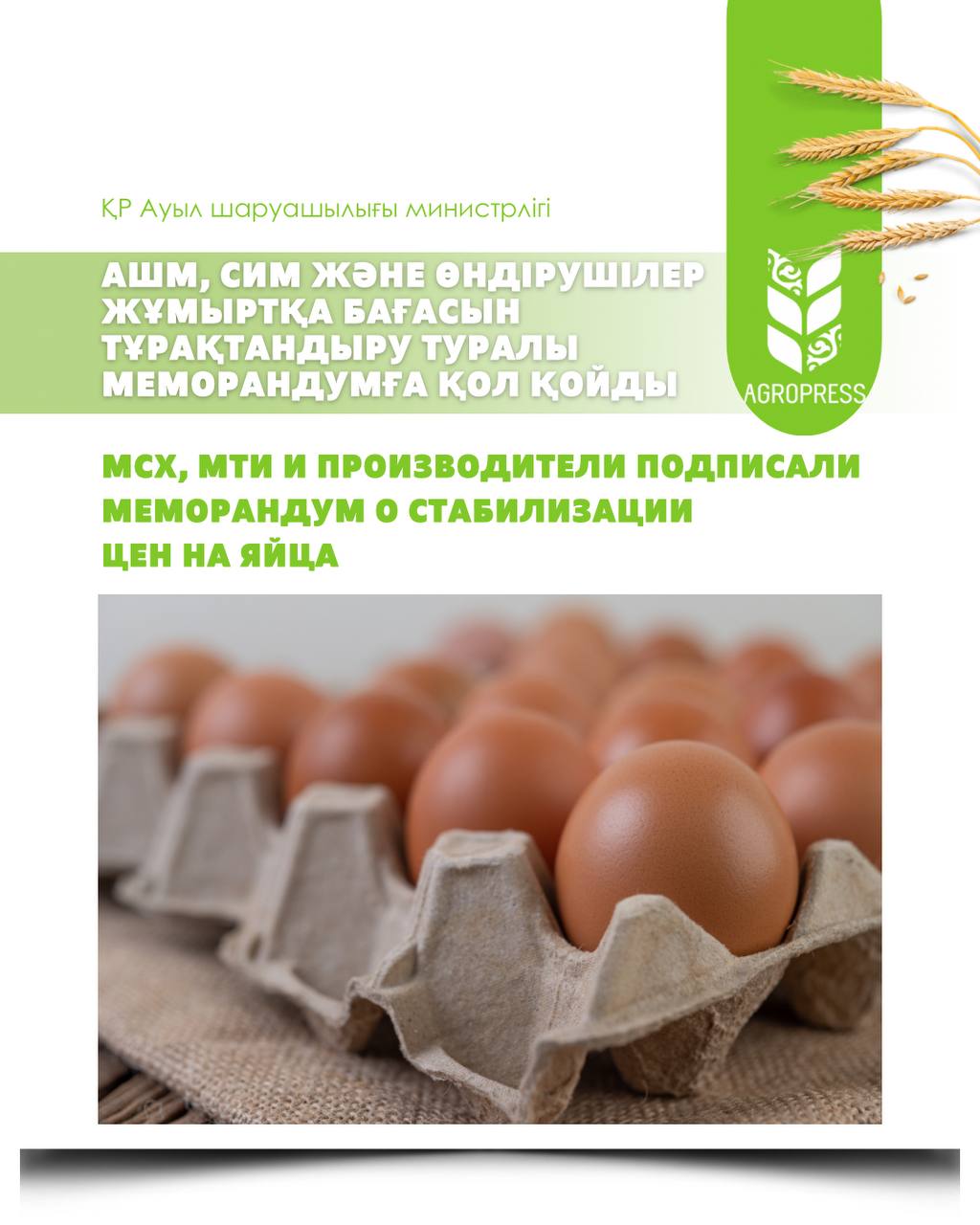 Жұмыртқа бағасын тұрақтандыру туралы Меморандумға қол қойылды